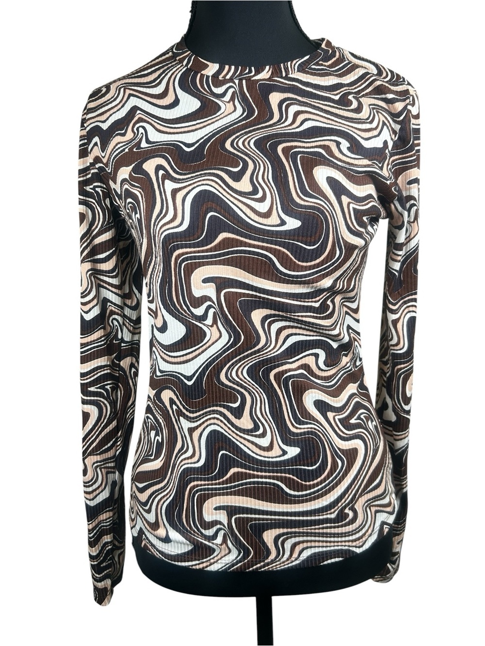 Yummy Soft Ribbed Swirl Print Long Sleeve Top Brown M